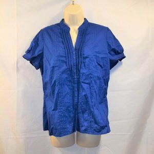 St. John's Bay Womens Top Blouse Size Large V-Neck Buttons Ruffles Sheer Blue
